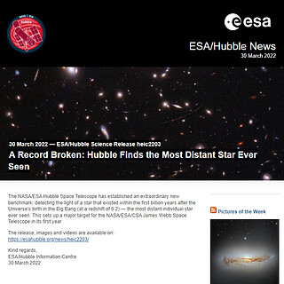ESA/Hubble Science Release heic2203 - A Record Broken: Hubble Finds the Most Distant Star Ever Seen