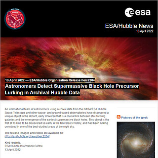 ESA/Hubble Science Release heic2204 - Astronomers Detect Supermassive Black Hole Precursor Lurking in Archival Hubble Data