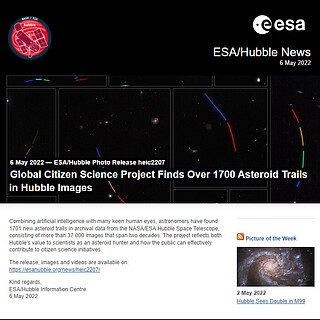 ESA/Hubble Photo Release heic2207 - Global Citizen Science Project Finds Over 1700 Asteroid Trails in Hubble Images