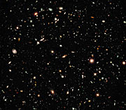 Hubble’s 2009 infrared image of the Ultra Deep Field. Taking advantange of Hubble’s upgraded infrared capabilities after Servicing Mission 4, this image is the deepest ever made of the cosmos. It shows some galaxies whose light has been redshifted entirely out of the visible spectrum.