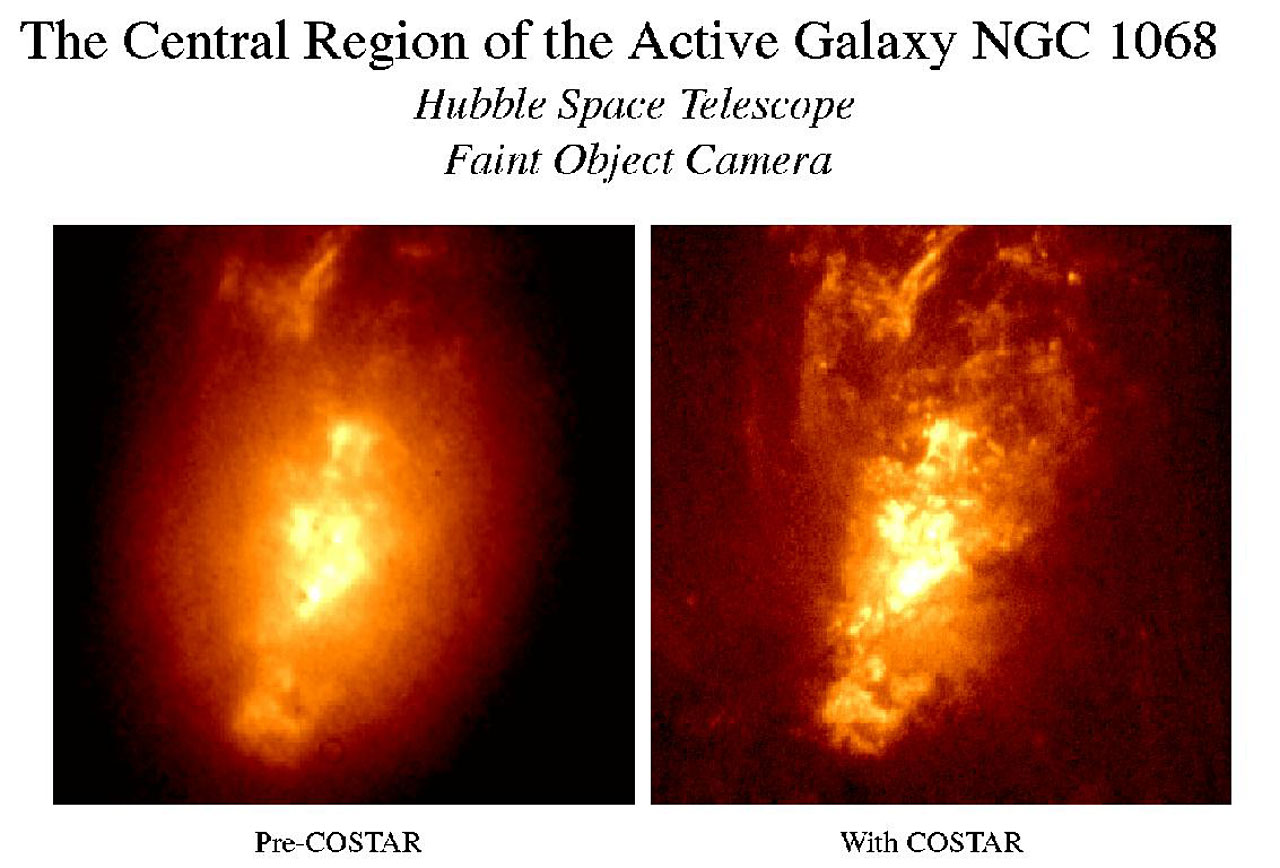 Two images taken of the same region before and after the correction of Hubble's aberration with COSTAR.