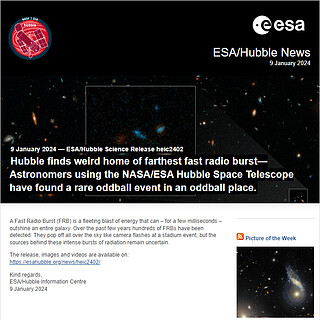 ESA/Hubble Science Release heic2402 - Hubble finds weird home of farthest fast radio burst — Astronomers using the NASA/ESA Hubble Space Telescope have found a rare oddball event in an oddball place.